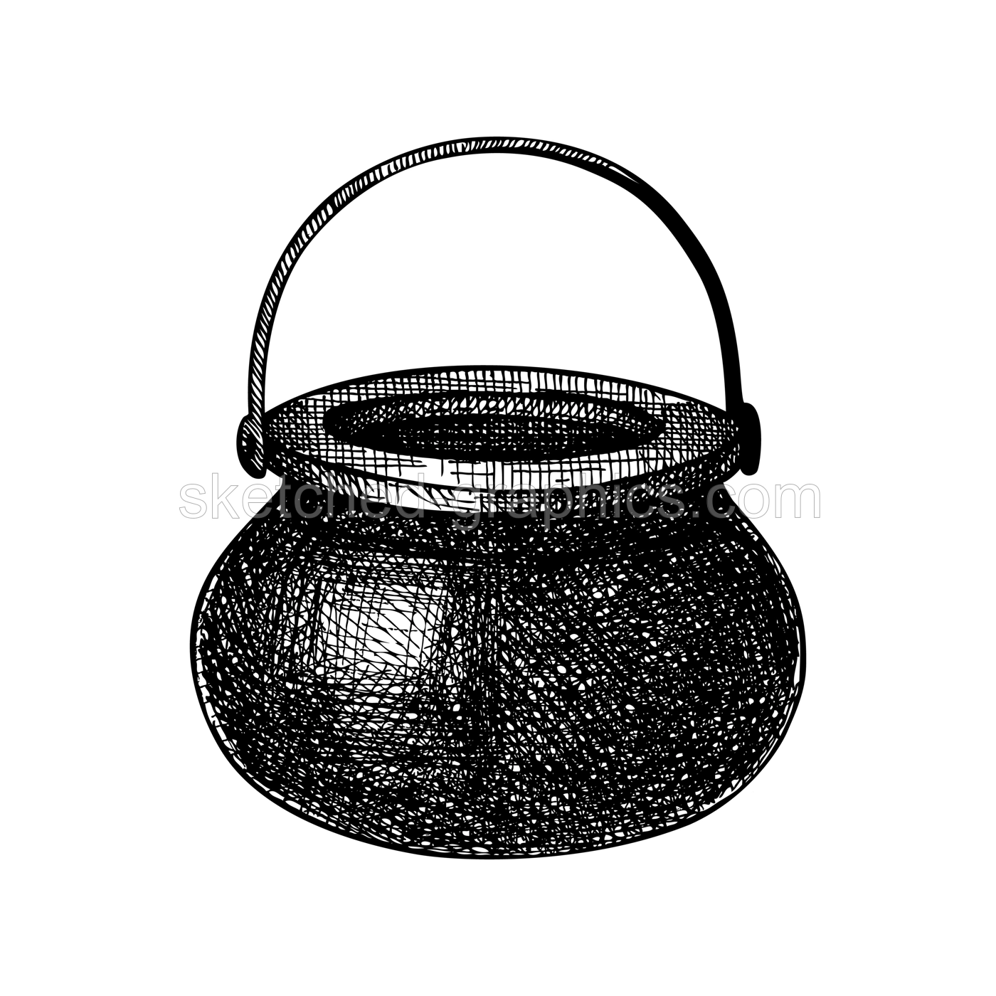 Witch pot sketch. Vintage pan drawing in engraved style for witchcraft, alchemy. Сooking utensils Ink vector illustration isolated on white background. Hand drawn Halloween design element Illustration
